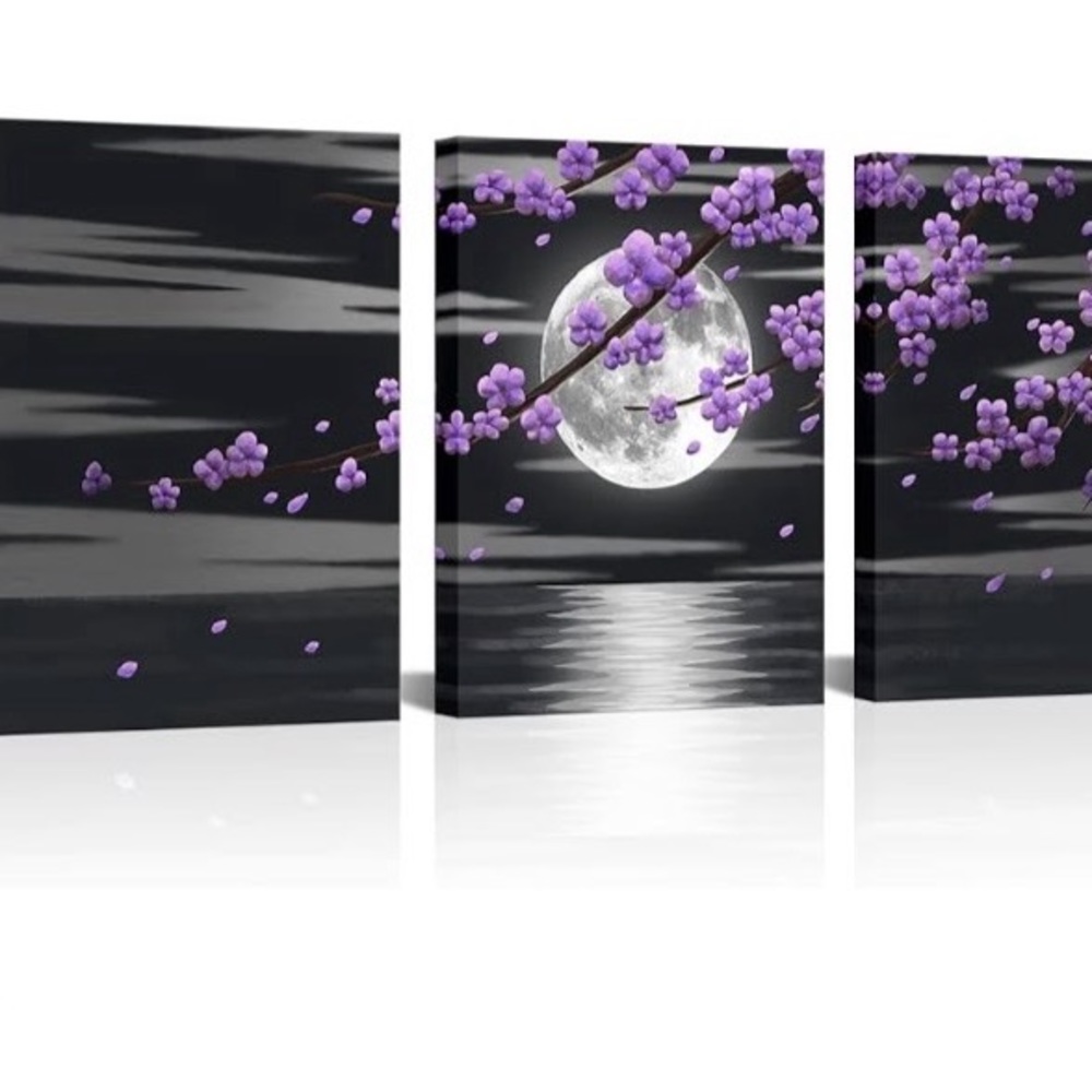 Homeo 3 piece canvas full moon with purple flowered tree 12”x 16” each - Picture 5 of 6